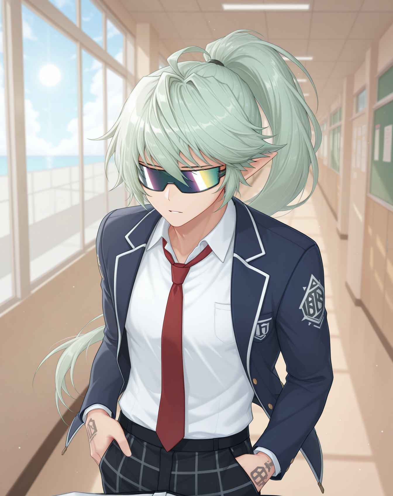 masterpiece,best quality,amazing quality, newest, very aesthetic, absurdres,
1boy, solo, yaoi, male focus, looking at viewer, cowboy shot,
<lora:Zero_Summer_ilxl:1>  zerotsummer, pointy ears, sunglasses, long hair, ponytail, green hair, arm tattoo, 
school uniform, white shirt, collared shirt, blue jacket, red necktie, black pants, plaid pants,
indoors, school, hallway, window, day, sun,