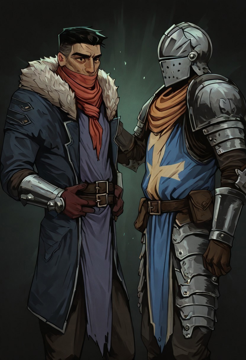 masterpiece, best quality, newest, absurdres, highres, TTCSV1.0,
2boys, multiple boys, DDR&D-V1.0 1boy, DDDismas-V1.1, bandana, scarf, red bandama, fur trim, BREAK 1boy, DD-ReyV1.1, knight, armor, helmet,
Show less