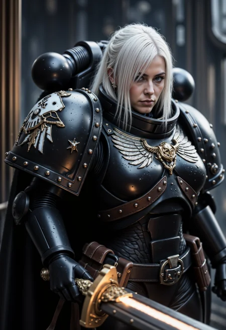 RavenG40k, female space marine wearing a chined power armor with a hood, her long hair is white, she's holding a glowing sword, <lora:FluxRavenG40k:1> <lora:aidmaHyperrealism:0.5> aidmaHyperrealism