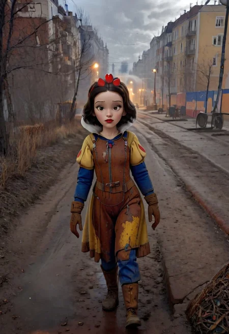 Rusted, rusted landscape, an adult Disney princess Snow White, wearing a Hazmat suit, walking on a side walk in a run down russian city, smoke, chem trails, extreme close-up, portrait, raw, masterpiece, extreme insanely realistic detailed and intricate, extreme realistic detail, doomer aesthetics, depressing feelings, night, panelka,vintage painting,painting,realism,