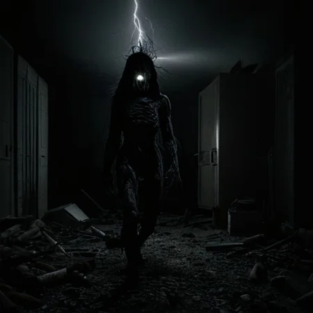 horror scene, knife, indoors, night time, gore, glowing eyes, evil, evil demon, soft errie dim lighting giving just enough light to see the danger ahead, even though it is night and dark there are multiple light sources throughout the scene so it is not overly dark. Horror cinematic lightning. terrifying level 12 out of 10