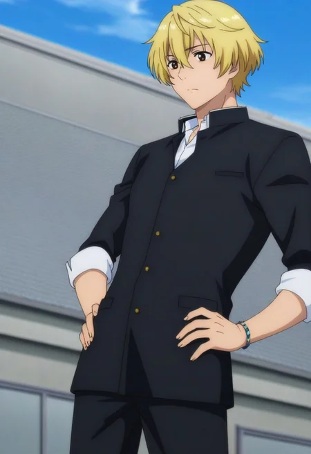 ((High Quality, High definition)), ((1male focus, solo boy focus, one character only)), ((one person only, one photo only, single illustration only)), ((perfect anatomy, perfect eyes)), ((Anime, Anime screencap, Anime Coloring)), ((handsome male, attractive male, sexy male, good-looking male, cute male)), ((Makoto Shibe, blonde hair, brown eyes, gakuran uniform, rolled sleeves, left wrist bracelet)), ((tall body, tall height)), ((Anime school rooftop, sky)), ((cowboy shot, head to hips shot))
