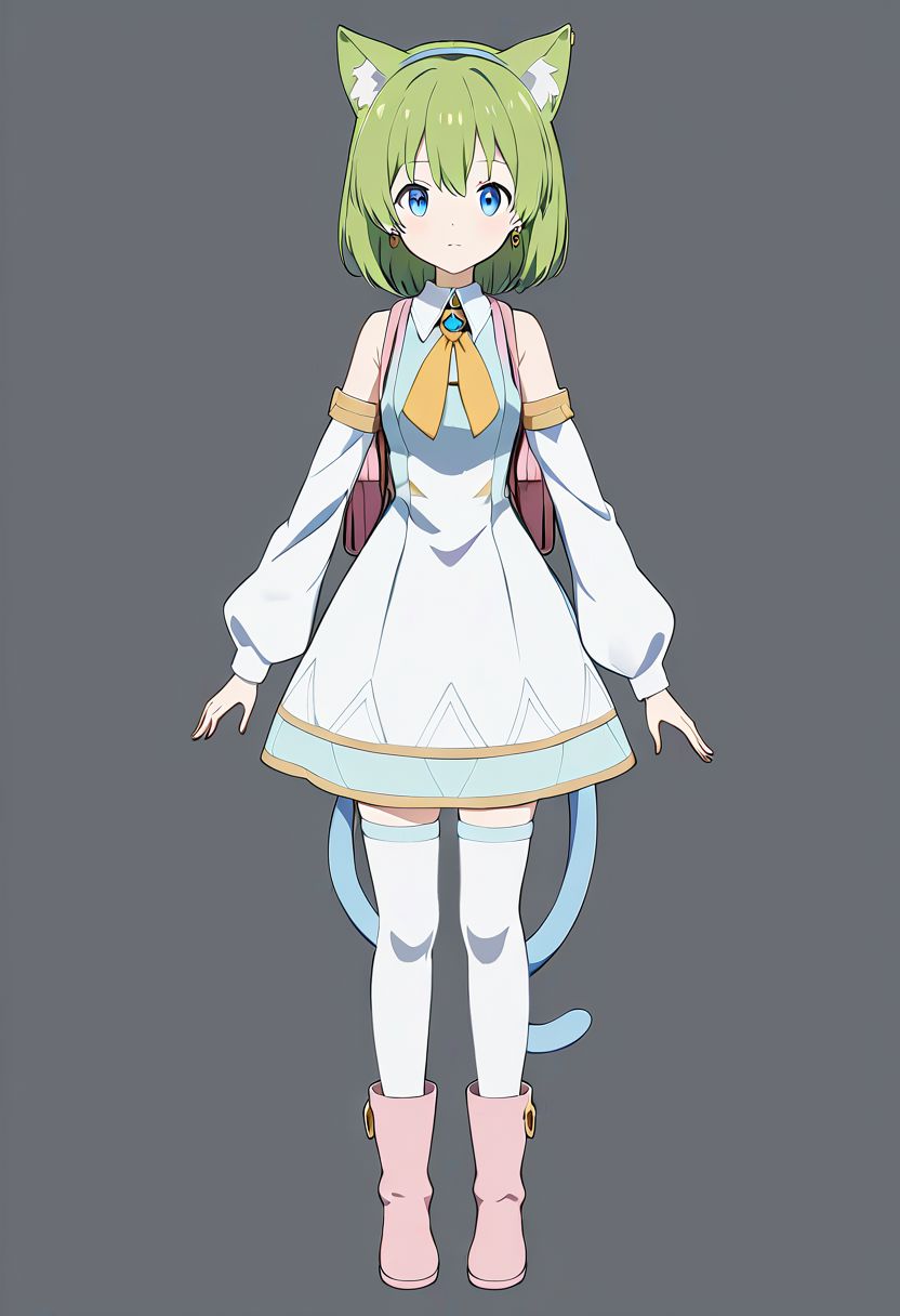 <lora:deltamon_beta:1.0>,1girl,deltamon_beta, solo, blue eyes, simple background, thighhighs, long sleeves, white background, dress, animal ears, bare shoulders, blue tail, earrings,pink boots, detached sleeves, green hair, sleeveless, cat ears, bag, white dress, white thighhighs, cat tail,pink backpack,yellow delta tie,pink randseru