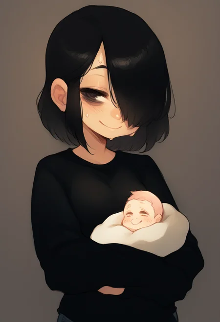 score_9, score_8_up, score_7_up, source_anime,from bellow, smile,  hair over one eye, bags under eyes, black hair, medium hair, small breasts, black shirt, long jeans, looking at viewer, sweat, indoors, half closed eyes, <lora:ntl_pdxl:0.8> ntl_style,  <lora:rapscallion_style:1>,  <lora:babySwa:1.8> baby carry, swaddled, cute baby