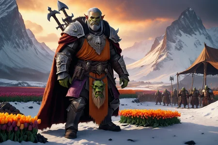 made of tulips, jaynl-tm, an orc chieftain with graying hair, green skin, wearing a fur cloak with bone trophies, holding a warhammer, solo, from the Deathforge Clan, with blackened armor and death symbols, an orc blacksmith forge with a roaring fire, iron tools, weapon racks, detailed background, stitching leather, crafting armor, cautious, glancing around, dynamic angle, wide shot, a war council with orcs debating, maps on a table, weapons nearby, a pile of bones, nearby, on an icy slope, slippery surface, overcast, gray clouds, dim light, cool air, dusk, deep orange and purple tones, fading light, cool breeze, best quality, vibrant colors, photorealistic style, high detail, high-definition, hyper-realistic, extremely high-resolution details, fine texture, incredibly lifelike, realistic, not cartoon, not drawing, highres, 4K resolution, source photo, realistic photo, masterpiece, best quality, amazing quality, very aesthetic, ultra-detailed, detailed textures, natural lighting, soft lighting, sunlit tones, warm yellows and oranges, sunlight, bright natural glow, side profile shot, full body visible, <lora:TulipMania:1>