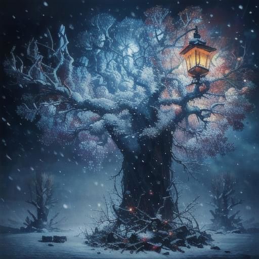 Two small robin birds on a snowy branch of a tree, one with a woolen hat and the other with a scarf illuminated by a lantern hanging from a branch, it is getting dark and snowing, in the background the last lights of the day and snowy trees blurred by the fog and falling snow, 3D style, Disney, Pixar, 4K, the little birds in focus, detailed drawing something that does not even exist, mythical being, energy, molecular, textures, impressive beauty, pure perfection, divine presence, unforgettable beauty, impressive , impressive, volumetric light, auras, rays, vivid reflected colors, you can see snowflakes falling, studio lighting, very detailed