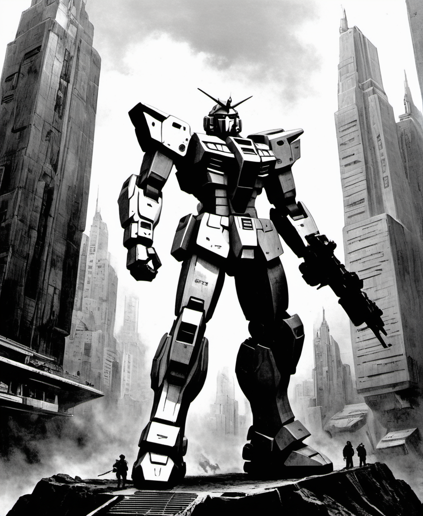 a gundam in a futuristic city,greyscale,monochrome,art by llbreton, <lora:LLBretonXLRecent:0.8>