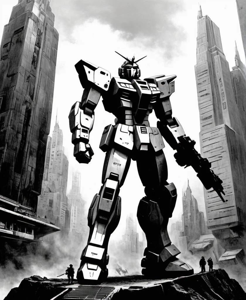 a gundam in a futuristic city,greyscale,monochrome,art by llbreton, <lora:LLBretonXLRecent:0.8>