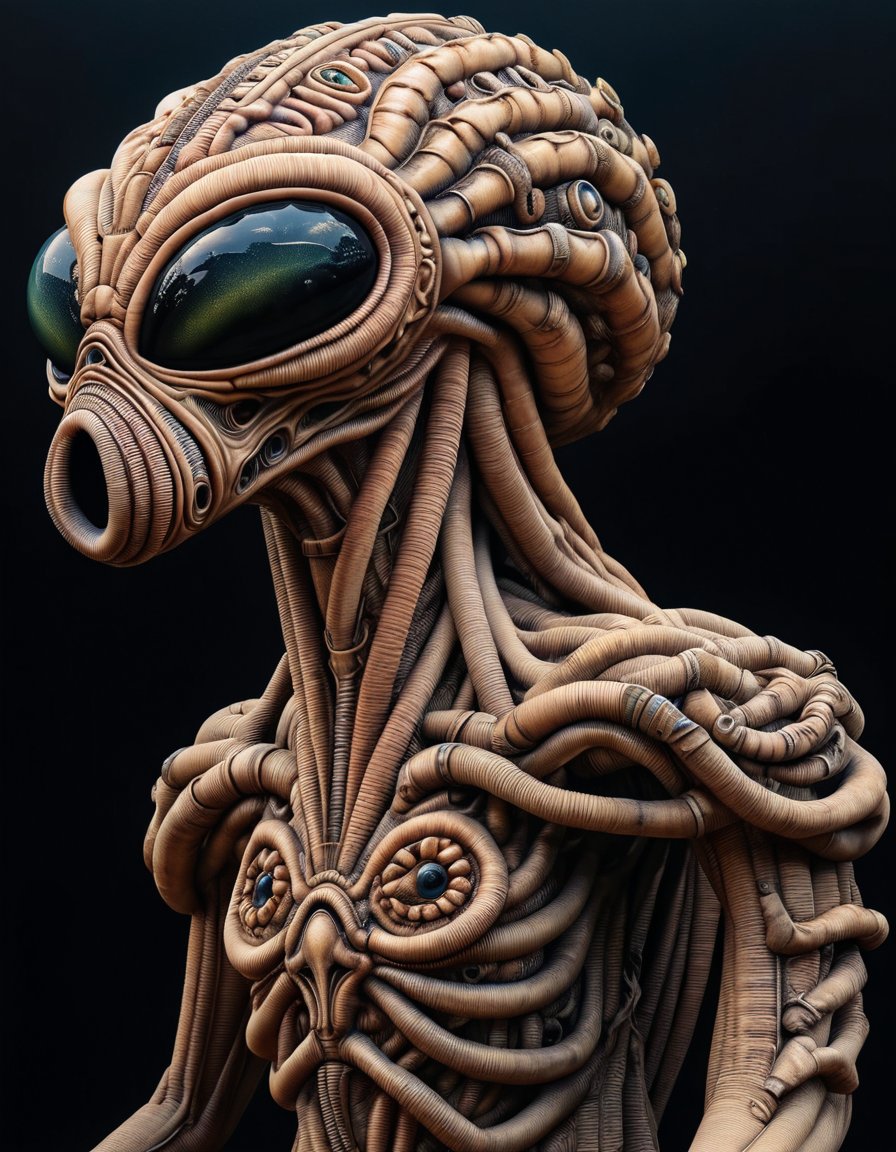 profile view, side view, hyper realistic photograph of a bizarre biomorphic alien creature with a huge transparent forehead revealing the luminous alien brain structure, extremely clear glowing eyes, by Petros Afshar and John Atkinson Grimshaw, (intricate , iconic , masterful:1.4), medium full shot, poster art, bold lines, hyper detailed, expressive, award winning, dark limited color palette, high contrast, depth of field, (intricate details, masterpiece, best quality:1.4), spot lighting, looking at viewer, dynamic pose, wide angle view <lora:ral-watrho:1> ral-watrho