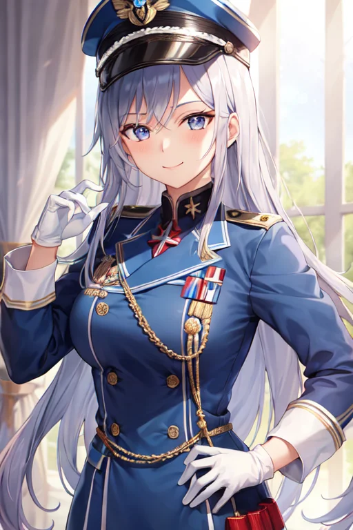 1girl, gloves, hat, jacket, long_hair, long_sleeves, looking_at_viewer, military, military_uniform, silver_hair, smile, solo, uniform, white_gloves