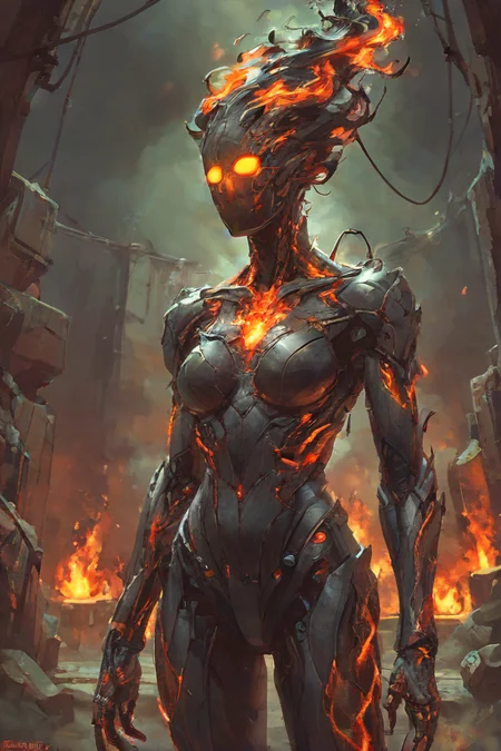 score_9,score_8_up,<lora:Turbo_XL:1>,1girl,maximum details,cybernetics,human-machine fusion,dystopian,organic meets artificial,dark,intricate,futuristic,technological,cybernetic enhancements,robotics,artificial intelligence themes,android,AI,machine,metal,wires,tech,biomechanical cyberpunk,<lora:FireHuman:1>,firehuman,colored skin,orange fireskin,fire,empty eyes,<lora:BeautyInEvilPony:0.6>,hkevil,<lora:HerrscherAGGA2024_Nameless_Style_V2:0.4>,nameless_style,(black fire:1.4),