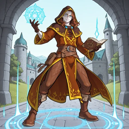 1boy, male, solo, full body, perfect anatomy, easynegative, clear eyes, BREAK 

[1boy, (Human), twink, pale skin, short wavy hair, brown hair, blue eyes, (glasses), burgandy hooded robe, hood up, brown boots, gloves, holding spellbook], BREAK

Castle, clear sky, smile, combat pose, look at viewer, magic circle, glow, summon elemental, BREAK

masterpiece, perfect quality, best quality, perfect anatomy, absolutely eye-catching, homoerotic, BREAK

((4k,8k,Ultra HD)),((Masterpiece :1.2)),((Best quality :1.2)),((Detailed :1.5)),((Detailed background :1.5))