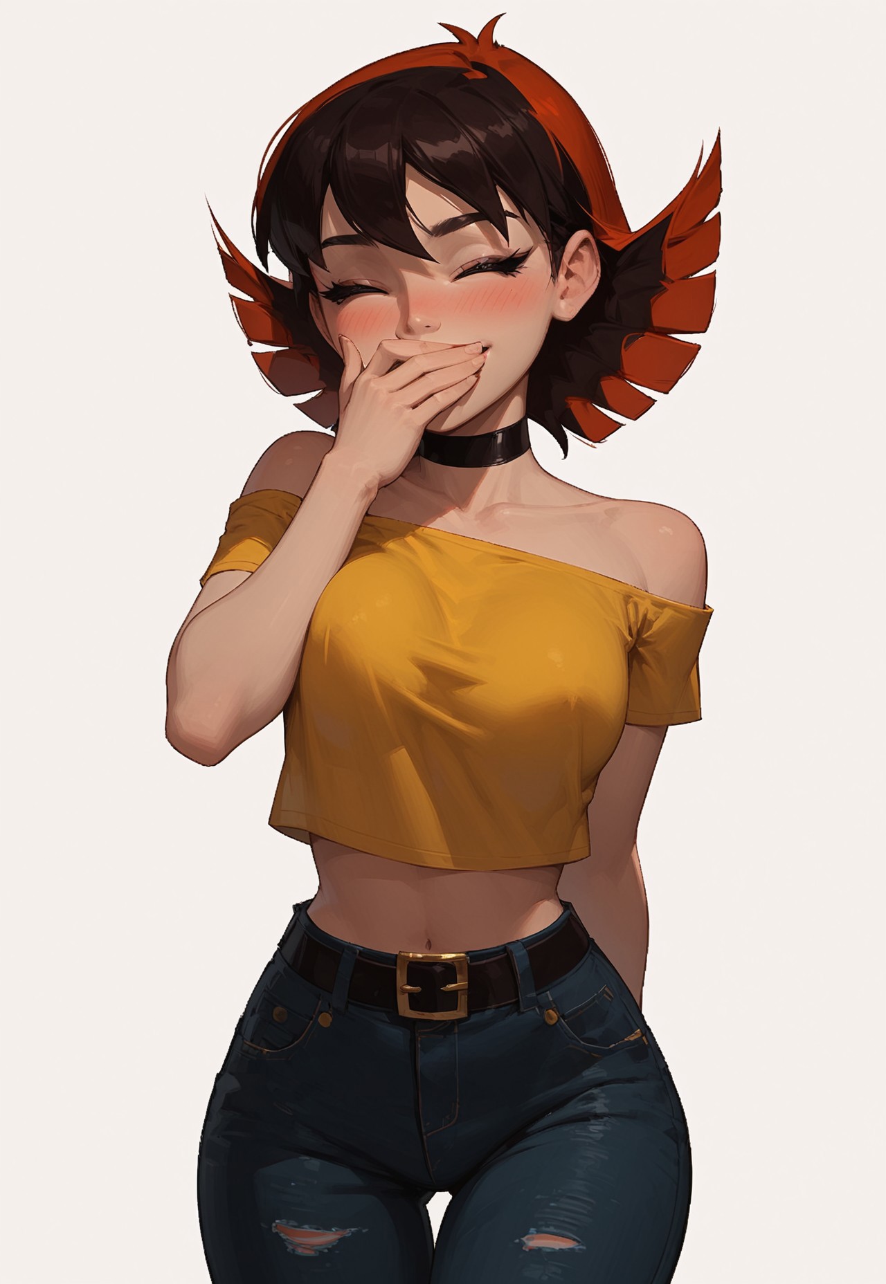 score_9, score_8_up, score_7_up BREAK 1girl, solo, cute face, (side view:0.3), Janet Van Dyne, short hair, closed eyes, happy eyes, dark hair, eyeliner, lipstick, choker, hand over own mouth, covering own mouth, bare shoulders, (huge breasts:0.3), (covered nipples:0.6), wide hips, (looking back at viewer), blush, blushing, happy, happy eyes, cowboy shot, cute pose, yellow shirt, short sleeves, (black straps), midriff, blue pants, thin legs, tall, standing, simple background,