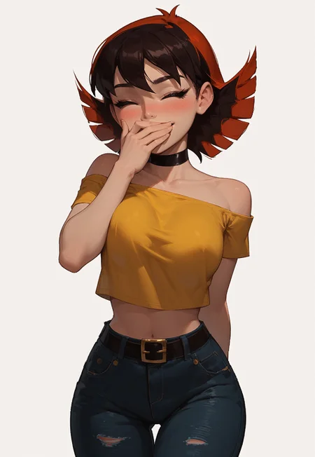 score_9, score_8_up, score_7_up BREAK 1girl, solo, cute face, (side view:0.3), Janet Van Dyne, short hair, closed eyes, happy eyes, dark hair, eyeliner, lipstick, choker, hand over own mouth, covering own mouth, bare shoulders, (huge breasts:0.3), (covered nipples:0.6), wide hips, (looking back at viewer), blush, blushing, happy, happy eyes, cowboy shot, cute pose, yellow shirt, short sleeves, (black straps), midriff, blue pants, thin legs, tall, standing, simple background,