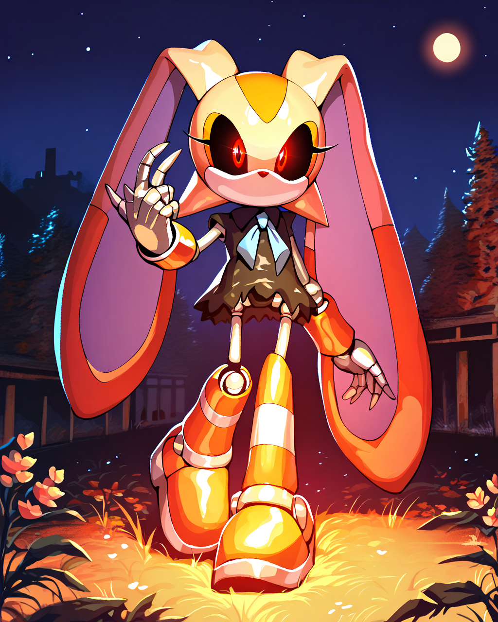 score_9, score_8_up, solo, Cream the rabbit, glowing eyes, black sclera, robot, metal skin, shiny skin, no mouth, outdoors, robot joints, night, dim lighting, horror theme, <lora:Robotization_Pony:0.75>, score_9, score_8_up,