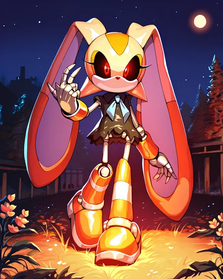 score_9, score_8_up, solo, Cream the rabbit, glowing eyes, black sclera, robot, metal skin, shiny skin, no mouth, outdoors, robot joints, night, dim lighting, horror theme, <lora:Robotization_Pony:0.75>, score_9, score_8_up,
