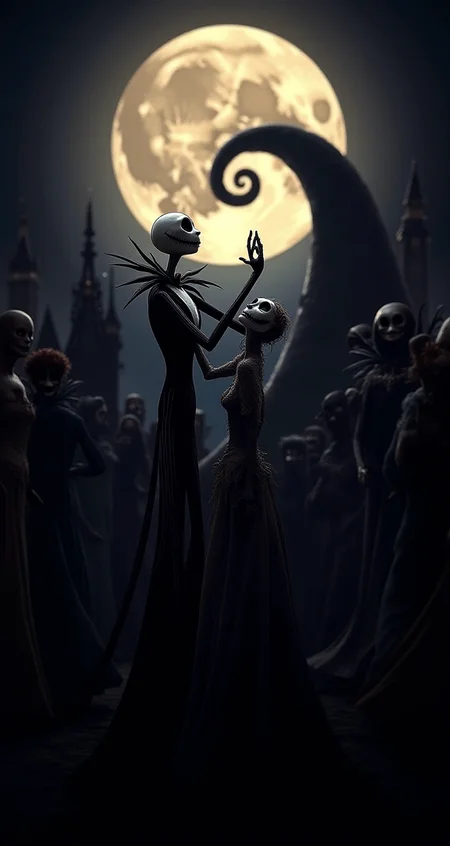 Jack Skellington at a masquerade ball, elegantly dressed in a black and white tuxedo with a bat-winged mask, dancing with a mysterious figure in a long, flowing gown, while other masked guests watch from the shadows, all under the glow of a giant, full moon.