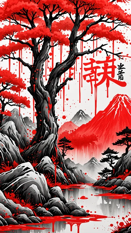 (ULIMATE Spray Painted style), Graffiti landscape, (Japanese Writing in Red), trending on ArtStation , intricate details, masterpiece, best quality, (Use Dream Diffusion Secret Prompt), (Epic), UHD <lora:Paint_Effects_SDXL_-_By_DICE:1> WaterColour Paint Effect, Dripping Paint Effect,
