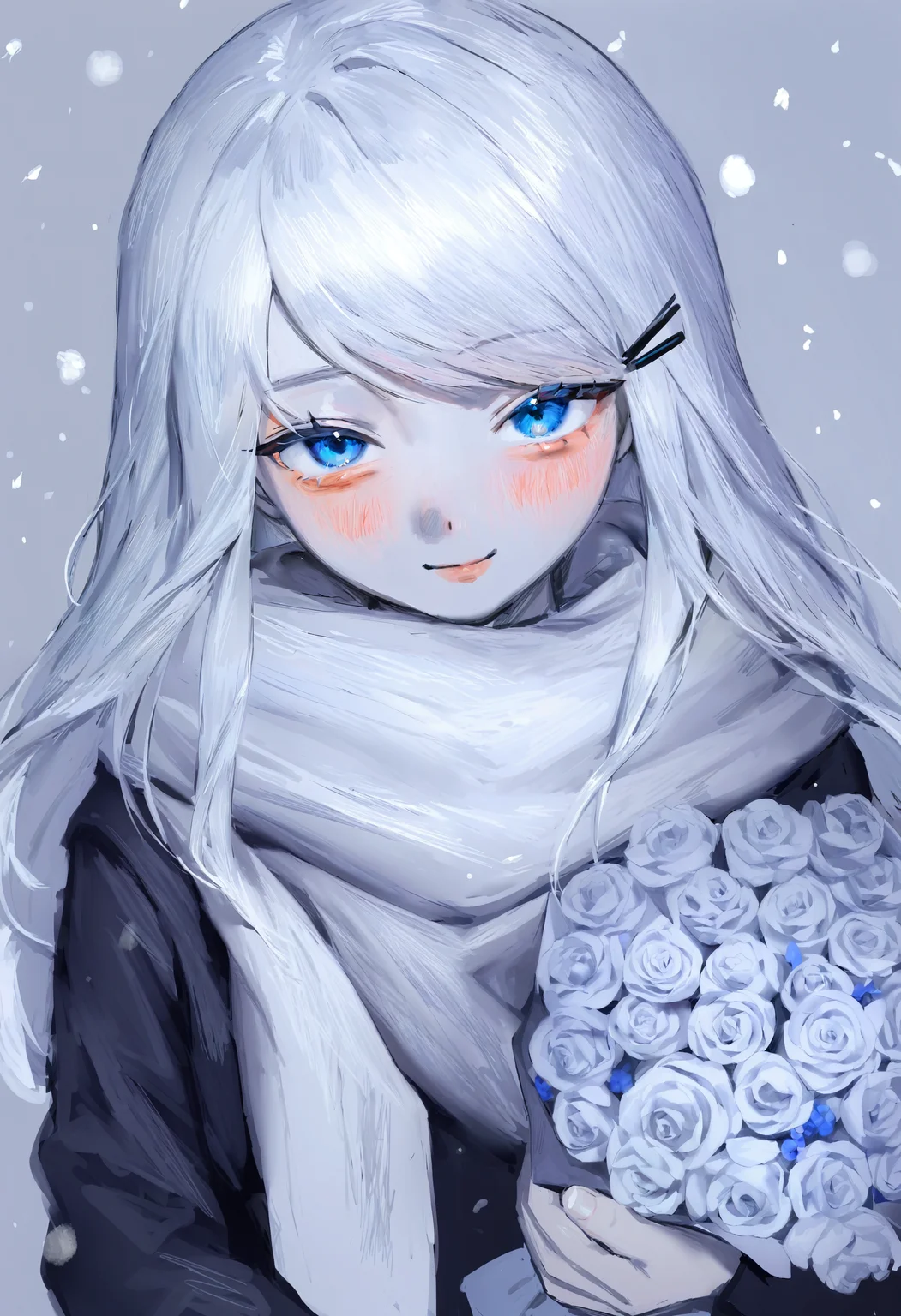 <lora:bGV0c2ZpbmFsYW5zd2Vy-noobaiXLNAIXL_epsilonPred_V110_V1-CAME>, bGV0, 1girl, solo, bouquet, scarf, blue eyes, holding, hairclip, flower, holding bouquet, hair ornament, portrait, grey theme, closed mouth, smile, grey scarf, blush, long hair, light smile, jacket, holding flower, snowing, white scarf, swept bangs, white hair, black jacket, grey hair, hood, spot color, looking at viewer, upper body, grey background