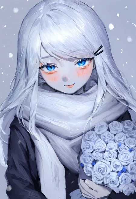 <lora:bGV0c2ZpbmFsYW5zd2Vy-noobaiXLNAIXL_epsilonPred_V110_V1-CAME>, bGV0, 1girl, solo, bouquet, scarf, blue eyes, holding, hairclip, flower, holding bouquet, hair ornament, portrait, grey theme, closed mouth, smile, grey scarf, blush, long hair, light smile, jacket, holding flower, snowing, white scarf, swept bangs, white hair, black jacket, grey hair, hood, spot color, looking at viewer, upper body, grey background