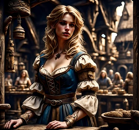 RAW photo, (masterpiece:1.3), subsurface scattering, heavy shadow, (high quality:1.4), (intricate, high detail:1.2), professional photography, HDR, High Dynamic Range, realistic, ultra realistic, photorealistic, high resolution, film photography, ambient lighting, atmospheric effects, <lora:detail_slider_v4:2>, OverallDetail, a fantasy medieval tavern wench, <lora:Wench:1>, blonde hair, (intricate red dress), <lora:FantasyMarket:0.7>, fanmar, browsing the market stalls in a medieaval fantasy market place, epiCPhoto