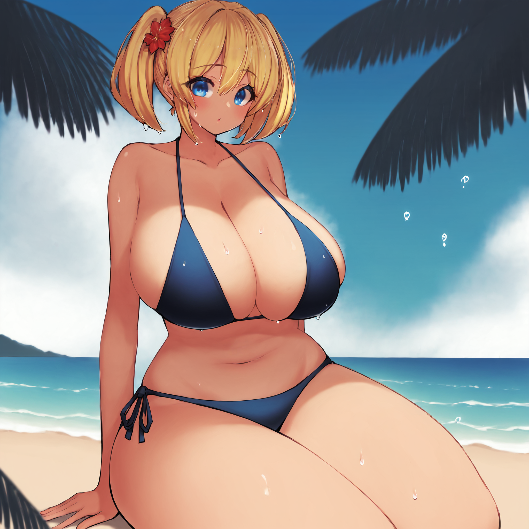 (masterpiece), best quality, (highly detailed), score_9, score_8_up, score_7_up, score_6_up, score_5_up, 1female, <lora:Cheap_MelonSoda_style:1>, beach, wet, bikini, big breasts, blonde hair, blue eyes, pigtails,