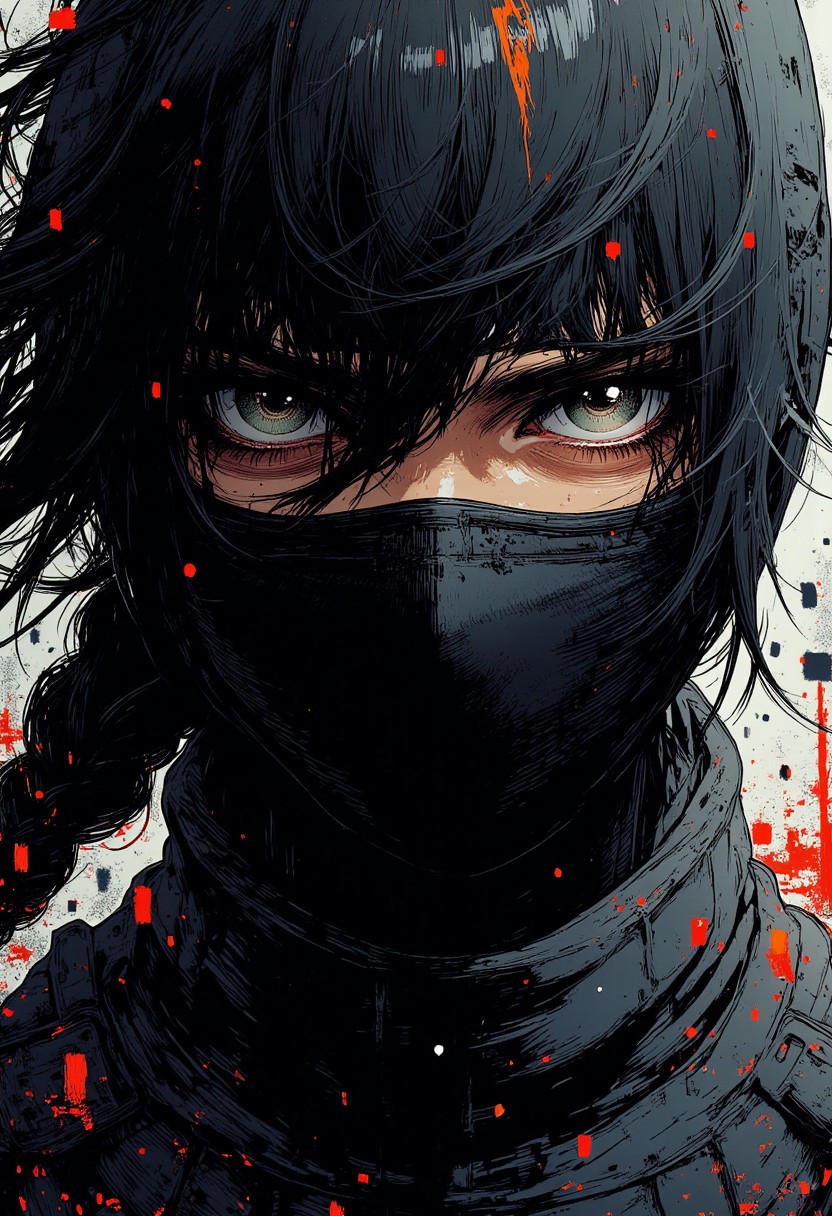 nistyle, monochrome Manga Sketch, extreme Face Closeup, Female masked Ninja, outworn Cotton mask, Killing Gaze, bushy eyebrown, fighting stance, closeup with a high collar, sci-fi welements, hyperdetailed manga sketch style, with bleached vibrant colorful neon color Highlights, grey, and white color grading.