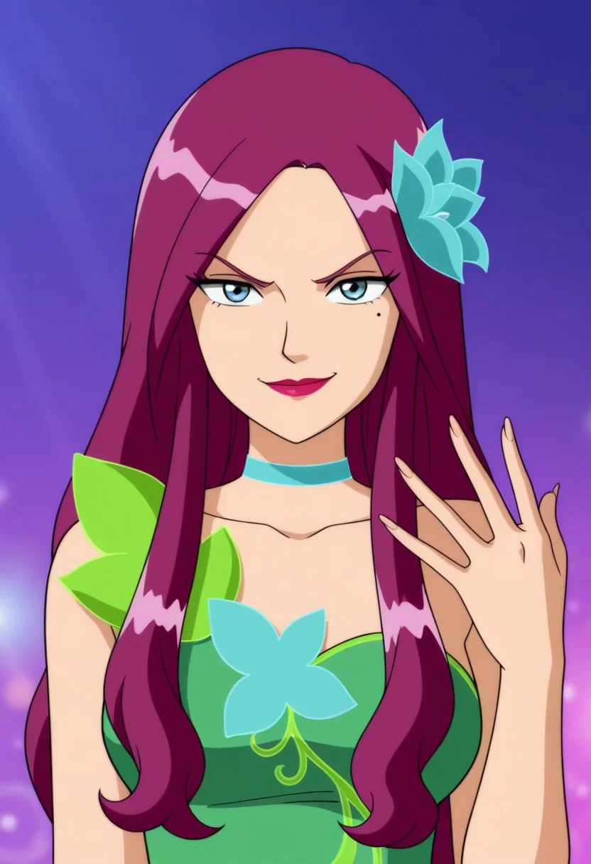 masterpiece, best quality, good quality, 1girl, solo, cartoon, violet_vanderfleet_totally_spies, light blue eyes, purple hair, long hair, mole under eye, lipstick, green floral dress, choker, hair flower, large breasts, beautiful, detailed, high detailed, very beautiful, detailed face, detailed eyes, detailed hand, fingernails, long nails, abstract background, smirk, looking at viewer, face focus