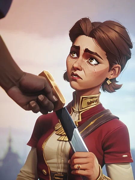 score_9, score_8_up, score_7_up, elora, a woman with a sword and a red shirt, solo, brown hair, 1boy, brown eyes, jewelry, male focus, earrings, tears, blurry, <lora:arcane_pony_v1-2_mx:0.95>