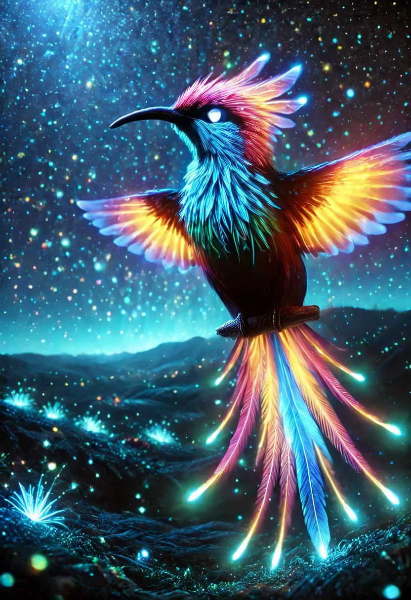 masterpiece, best quality, high resolution, absurdres, ultra-detailed, intricate details, ultra detailed, 8k, highly detailed, very aesthetic, professional 4k, Canon 5d mark 4, extremely detailed, very_detailed, high_detail, sharp focus, clean lines, perfect anatomy, realistic style,  
phoenix illuminated by bioluminescent feathers. glowing feathers, casting a soft, ethereal light. 
The overall atmosphere is serene and magical, with a starry night sky visible.
black background, 
film grain, cinematic, colorful, moody lighting, natural light, soft light, depth of field, bokeh, light particles, backlight, chiaroscuro, refraction, subsurface scattering