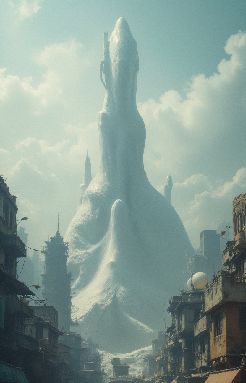 white futuristic structure in front towering over a cityscape in the background, strange perspective, wast, drawing, artistic rendition, mysterious, soothing, backlit, shadows<lora:- Flux1 - soothing_atmo_V2.0:.7>
