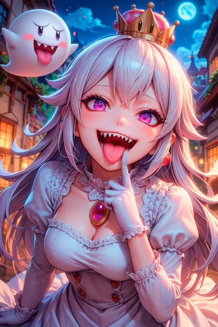 score_9, score_8_up, score_7_up, source_anime, 1girl, Boosette, fang, sharp teeth, sticking out her tongue, public indecency, degenerate face, lewd face, crown, long hair, white hair, purple eyes, white dress, long sleeves, white gloves, smile, curvy, head tilt, night, boo_(mario), dynamic angle