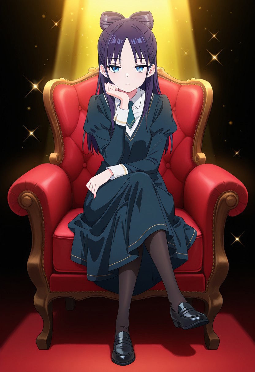 straight-on, (absurdres, best quality, masterpiece:1.4), amazing quality, highres, newest, detailed, detailed body, detailed face, source anime, anime coloring, beautiful, dark background, petite, on fancy red chair, sitting, yellow light ray, crossed legs, hand on chair, hand to own chin, downturned eyes, looking ahead, sparkles,
BREAK
WWNemu, 1girl, solo, stoic, NemuAniHu, dark purple hair, bow-shaped hair, parted bangs, half updo, blue eyes, v-neck dress, white inner collared shirt, Short necktie, juliet sleeves, long skirt, black pantyhose, black shoes,