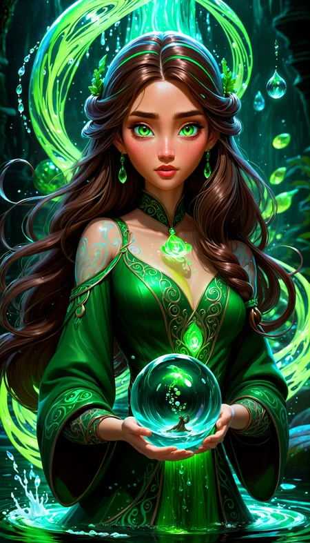 art by Jin Kim
3D Disney/Pixar style,a mystical mage with long brown hair and luminous green eyes, wearing a dark and detailed outfit with glowing green accents. She stands poised with a magical water orb above her, surrounded by swirling water effects that emit a magical glow. The dark background enhances the bright green and water elements, highlighting the intricate details of her attire. High detail and complexity, rich colors, dramatic lighting, enchanting and powerful atmosphere.