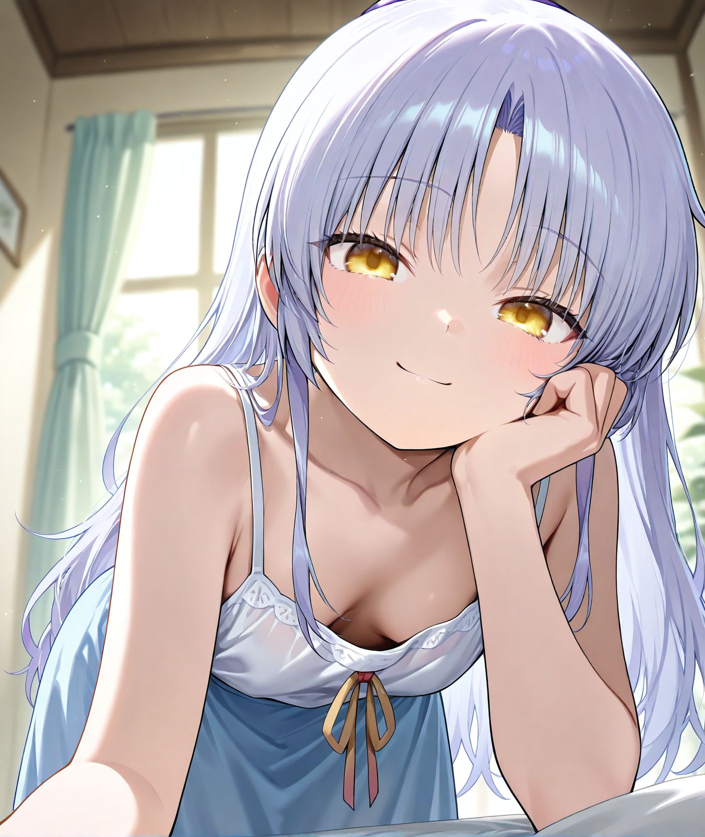 masterpiece best quality newest absurdres highres detailed eyes beautiful detailed background perfect eyes anime coloring anime screencap<lora:add-detail-xl:0.5>,,masterpiece, best quality, newest, absurdres, highres, detailed eyes, beautiful, detailed background, perfect eyes, anime coloring, anime screencap,
<lora:Downblouse:0.7>Downblouse_V1,
1girl,solo,looking at viewer,
breasts,smile,downblouse,
bent over,head rest,sagging breasts, 
BREAK
tachibana kanade, angel beats!, 
official art,  20 YO, milf,