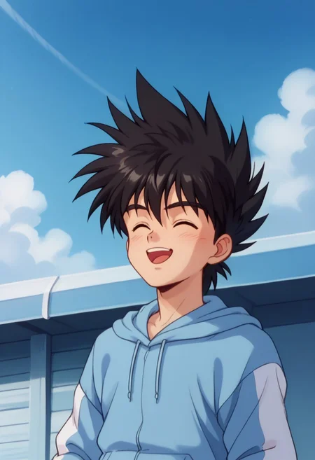 score_9, score_8_up, score_7_up, source_anime, highly detailed,
hayatokazami, 1boy, male focus, solo, hoodie, black hair, closed eyes, spiked hair, hood, upper body, blue hoodie, smile, open mouth
outdoor, sky,