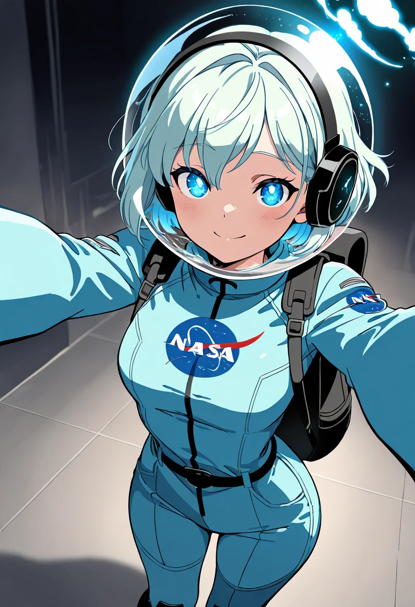 masterpiece, best quality, solo, curvy, beautiful eyes, narrow waist, wide hips, 1girl, solo, smile, looking at viewer, dynamic angle, foreshortening, close up,     N4S4, shirt, demin skirt,   ,<lora:NASAShirtAnime_IXL_v1:1.0>, [Earth Reflections], light blue and green jumpsuit with glowing Earth motifs, reflective globe helmet showing Earthâs oceans and continents, high-tech visor with mapping software, breathable fabric with eco-friendly technology, compact backpack with life support gear, standing on a small satellite with Earth in the background,