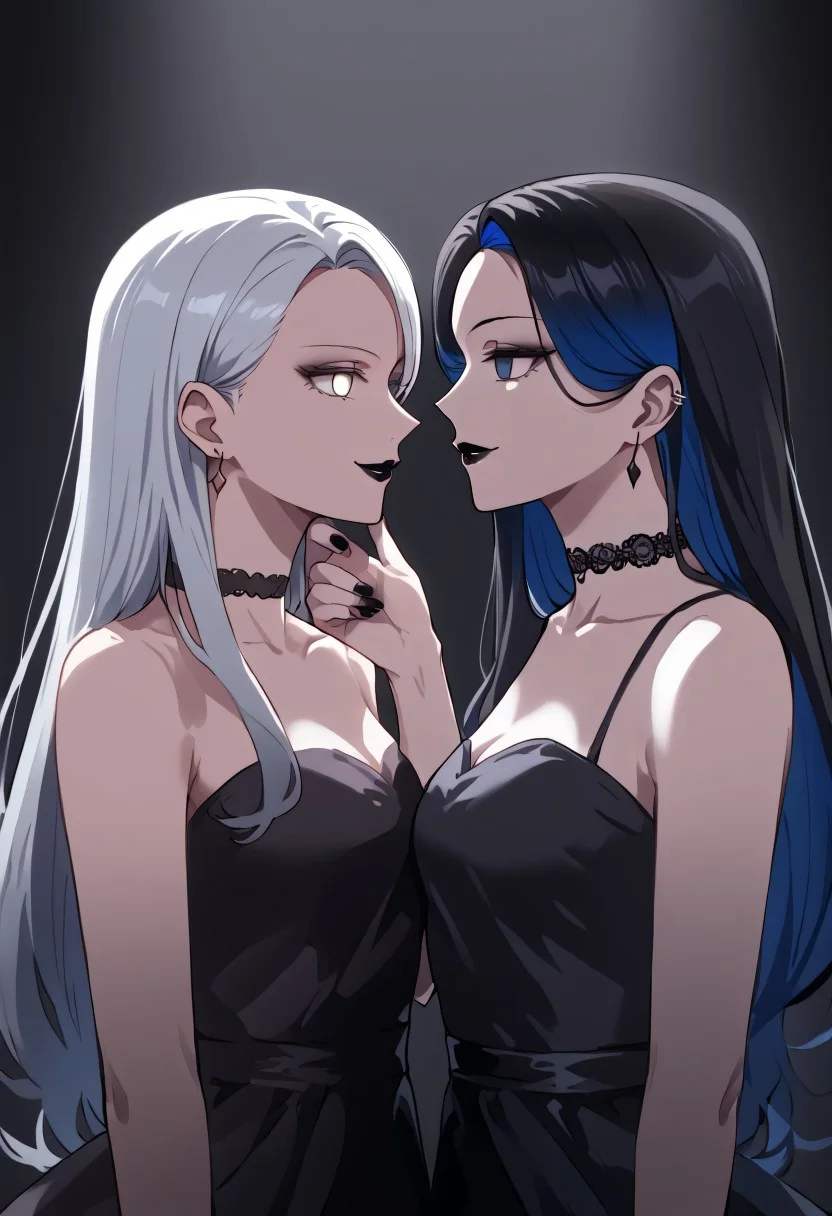 anime, two girls, adult, empty eyes, hypnotized, blank expression, expressionless, chin grab, handfixer, staring at another, looking into eyes, long hair, hair highlights, choker, sexy smile, fancy dress, lipstick, black lipstick, glossy lips, ear ring, glowing ear ring