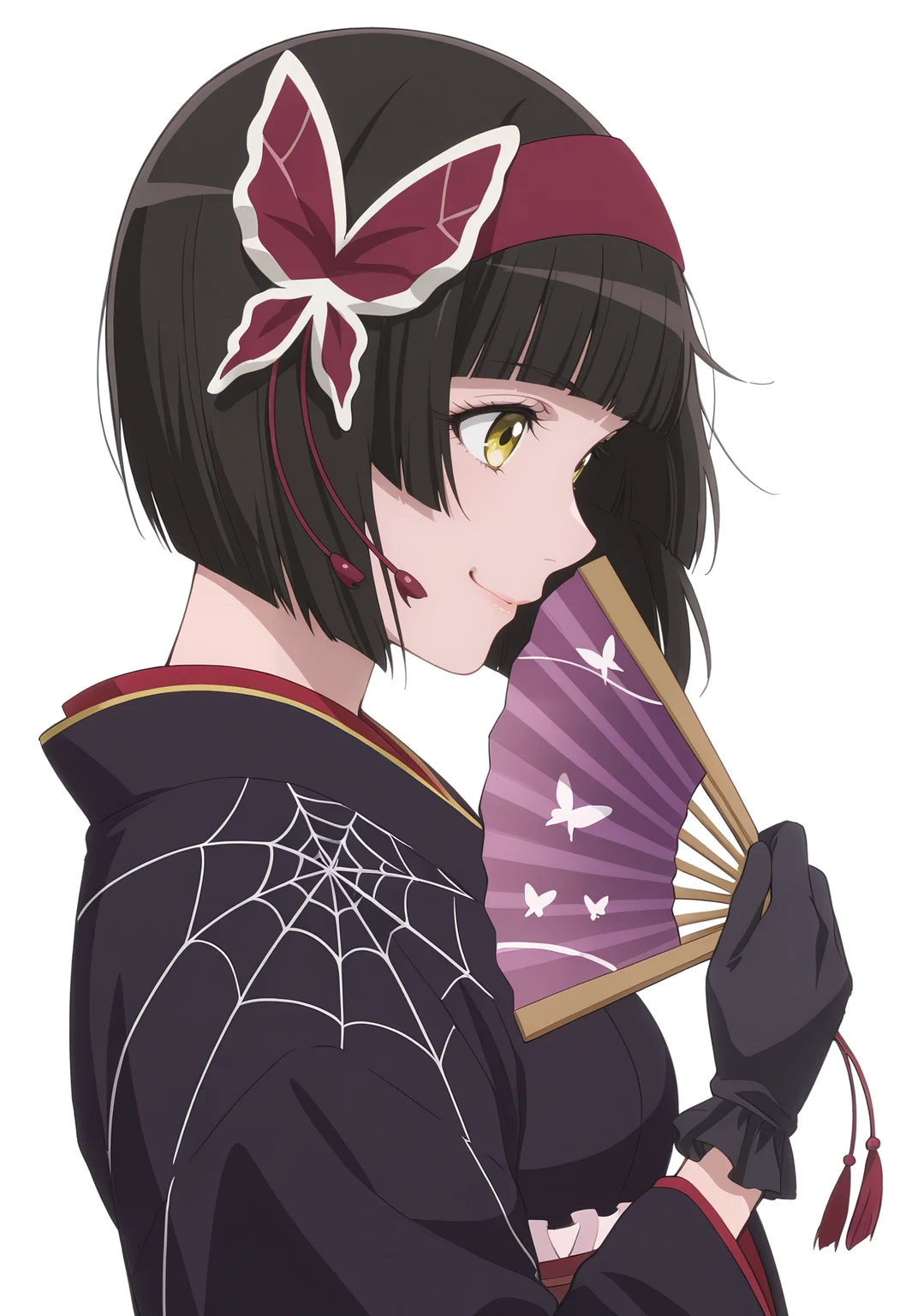 Smooth Quality,masterpiece, ultra realistic,
simple background, white background, 
from side,forced smile,wind, 
 <lora:MioCnn:0.8> Mio/Cnn, 1girl, short hair, bangs, japanese clothes, kimono, yellow eyes, hairband, blunt bangs, black gloves, black hair, spider web print,butterfly hair ornament,folding fan,