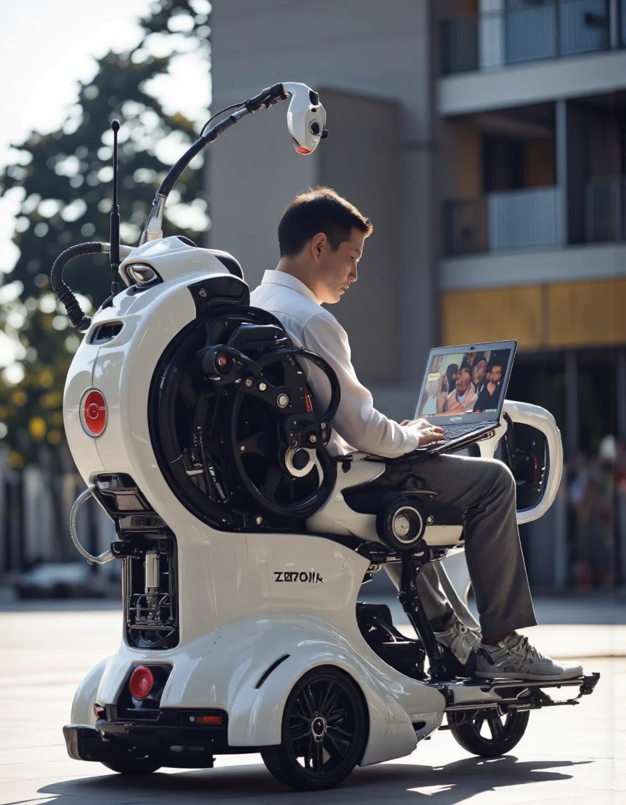futuristic designA photo-realistic shoot from the side about a futuristic wheelchair with a laptop, featuring a man sitting in the center of the image, facing away from the camera. the man, who appears to be a middle-aged Asian man with short, dark hair, is seated in the wheelchair, wearing a white shirt and grey pants. he has a serious expression on his face. the wheelchair has a sleek, futuristic design with large, black wheels and a red and white circular emblem on the center. the laptop screen displays a group of people, and the background is a blurred outdoor setting with trees and a modern building. the lighting is bright and natural, casting soft shadows. the image is high quality and has a watermark in the bottom right corner.