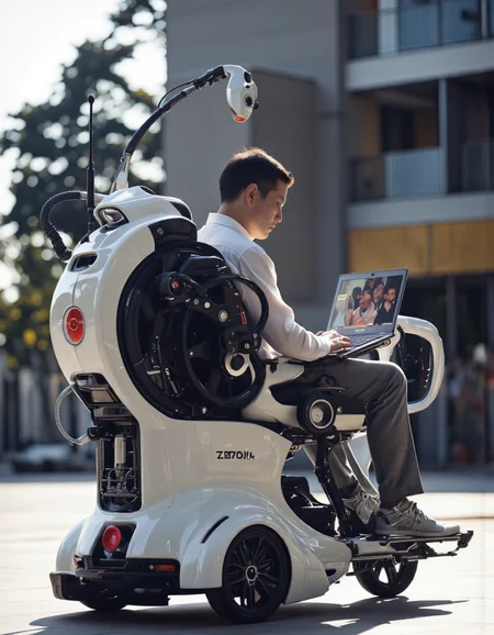 futuristic designA photo-realistic shoot from the side about a futuristic wheelchair with a laptop, featuring a man sitting in the center of the image, facing away from the camera. the man, who appears to be a middle-aged Asian man with short, dark hair, is seated in the wheelchair, wearing a white shirt and grey pants. he has a serious expression on his face. the wheelchair has a sleek, futuristic design with large, black wheels and a red and white circular emblem on the center. the laptop screen displays a group of people, and the background is a blurred outdoor setting with trees and a modern building. the lighting is bright and natural, casting soft shadows. the image is high quality and has a watermark in the bottom right corner.