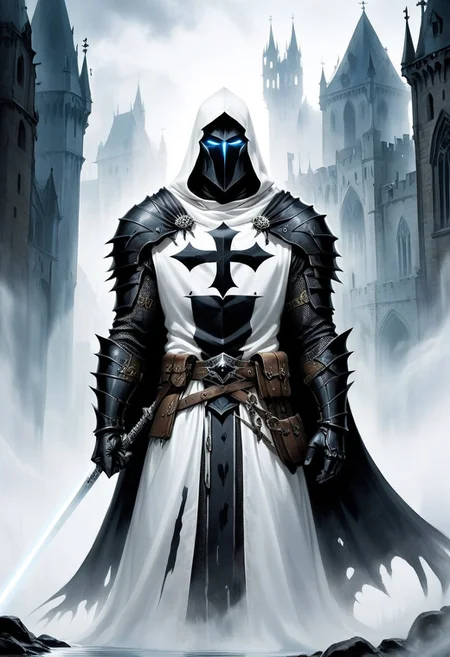 score_10, score_9, score_9_up, score_8_up, score_7_up, masterpiece, best quality, ghost, black armor, black knight, hood, ((hood over helmet)), black hood, duo focus, multiple_boys, 2boys,, two figures, Fantasy, knight, gothic, full plate armor, armor, black, cloak, hood, sith, sword, heavy armor, white light saber, white tabard, shield, reflection, spirit, translucent, black mist, paladin, fighter, rogue, vivid color, castle,