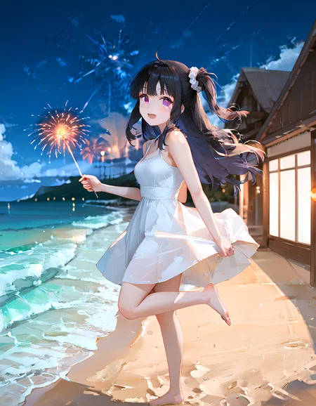 score_9_up, score_9, score_8_up, score_7_up, rating_explicit, perfect quality,high quality,masterpiece,best quality,amazing quality,very aesthetic,Cinematic Lighting,newest,Tactical use of shadow,
1girl,solo,long hair,black hair,hair between eyes,ahoge,purple eyes,AyanoKimishima Cyql,
sparkler, outdoors, fireworks, barefoot, dress, scenery, sky, smile, night, white dress, ocean, open mouth, standing, beach, cloud, holding fireworks, looking at viewer, water, standing on one leg, horizon, one side up, from side, :d, blush, night sky, sleeveless dress, city lights, multicololens flare, sleeveless, blurry, bokeh, sundress, shore, holding, bare shoulders, full body, bare arms, depth of field, sunset, scrunchie, breasts, mountainous horizon, mountain, cloudy sky,  waves, blurry background,  star (sky), blue sky, sand,  leg up, sun, looking to the side, lights, reflection, walking, moon, bare legs, floating hair,
<lora:ponyv4_noob1_2_adamW-000017:0.7>,<lora:spo_sdxl_10ep_4k-data_lora_webui:0.6>,<lora:USNR STYLE_XL_lokr:0.45>,<lora:illustrious_all_rated_v1:0.7>,<lora:96YOTTEA-WAI:0.8>,<lora:Ayano Kimishima_Illustrious by Cyql:1>,