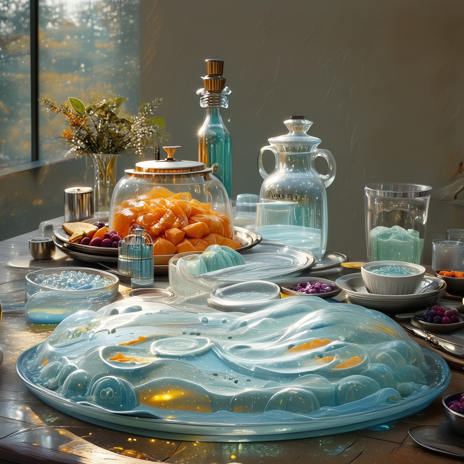 foodphoto, a bowl of fruit made out of slime, fruit in a bowl, fruit made of slime, fruit still life, bowl made of slime, table made of slime,
natural light, no bright spots, 
((translucent slime)), ((transparent slime)), made of water, (bioluminescent slime), sl1m3, slime, slime-morph, ais-blmn, saturated colors, no creatures, no humans, no monsters, no pokemon, scenery only, scenery, ral-lava, watce