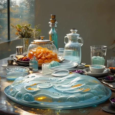 foodphoto, a bowl of fruit made out of slime, fruit in a bowl, fruit made of slime, fruit still life, bowl made of slime, table made of slime,
natural light, no bright spots, 
((translucent slime)), ((transparent slime)), made of water, (bioluminescent slime), sl1m3, slime, slime-morph, ais-blmn, saturated colors, no creatures, no humans, no monsters, no pokemon, scenery only, scenery, ral-lava, watce