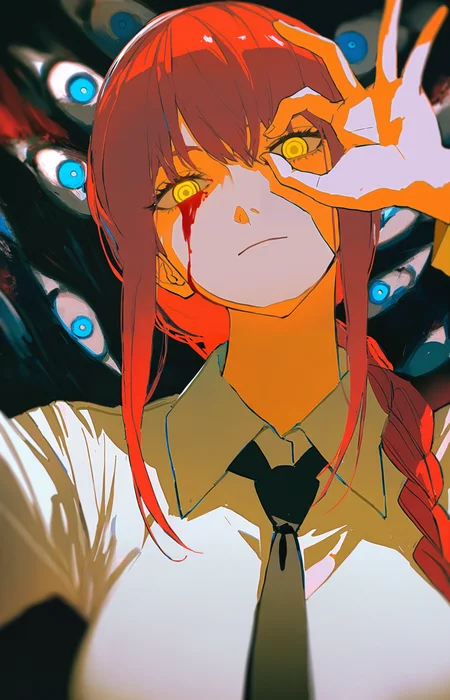 john kafka, redum4, void 0,
1girl,makima \(chainsaw man\),mature female,tall female,petite,medium breasts,expressionless,necktie,collared shirt,
head tilt,looking at viewer,
ok sign over eye,glowing eyes,blood on face,blood,blood from eyes,
large monster background,((multiple eyes)),, masterpiece, best quality, amazing quality, very aesthetic, absurdres, best quality, newest,