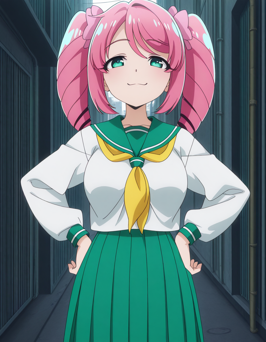 masterpiece, best quality, amazing quality,, <lora:haruka-hanabishi-s1-illustriousxl-lora-nochekaiser:1>, haruka hanabishi, hanabishi haruka, twintails, green eyes, pink hair, mature female, medium breasts, anime screencap, skirt, shirt, long sleeves, white shirt, pleated skirt, serafuku, sailor collar, neckerchief, green skirt, green sailor collar,, smug, hands on own hip,, alley, narrow, urban, dark, buildings, cowboy shot, solo, looking at viewer, <lora:transparent-background-illustriousxl-lora-nochekaiser:1>, transparent background, simple background, white background