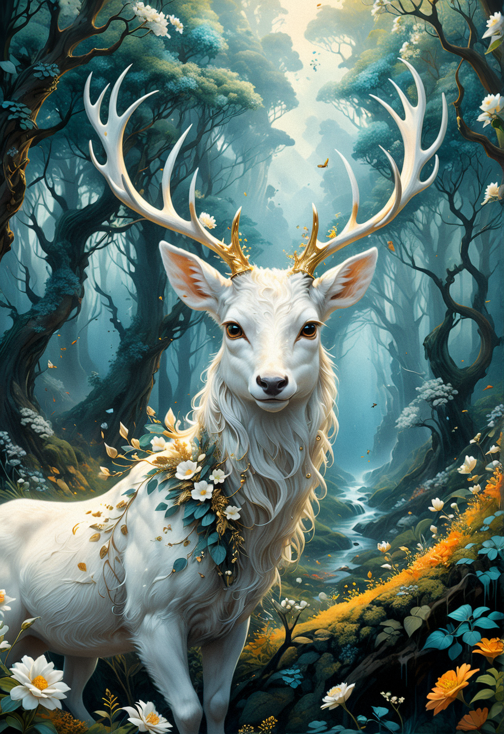 concept art  . digital artwork, illustrative, painterly, matte painting, highly detailed, bluehour  nature  forest  (A touch of surrealism)  (in the style of Salvador Dali)  , hyper detailed, fantasy landscape, dreamlike, fog, vivid colors, closeup of a very fluffy white albino deer, intricate horns dusted with gold and covered in flowers, lush foliage, splashes of teal and orange colors, dreamy atmosphere, dawn or dusk light, glowing flowers and plants, colorful leaves, serene, 4k masterpiece
