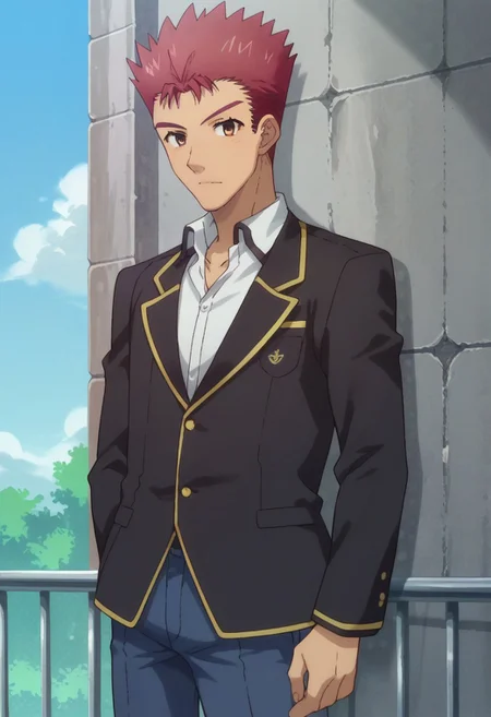 score_9, score_8_up, score_7_up, source_anime, highly detailed,
yujisakamoto, 1boy, male focus, red hair, solo, school uniform, spiked hair, brown eyes,
upper body, shirt, white shirt, jacket, black jacket, long sleeves, pants, blue pants
outdoor, sky, tree
