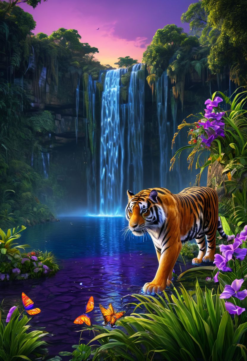 Highly detailed full body ilustration of a tiger drinking water near an ultra realistic extremely detailed waterfall in a realistic detailed jungle, crystal clear very detailed water, hyperrealistic, highly detailed, realistic highly detailed trees, realistic highly detailed grass, realistic highly detailed (colorful flowers:1.8), sharp focus, digital painting, concept art, detailed magical scenery, stunningly beautiful, intricate, vivid colors, HDR, 8K, soft lightning, at (sunset:1.4) ((masterpiece)) (blue violet colors:1.8), cinematic effects, sof fading light, (colorful butterflies:1.2) (colorful birds:1.4), epic composition